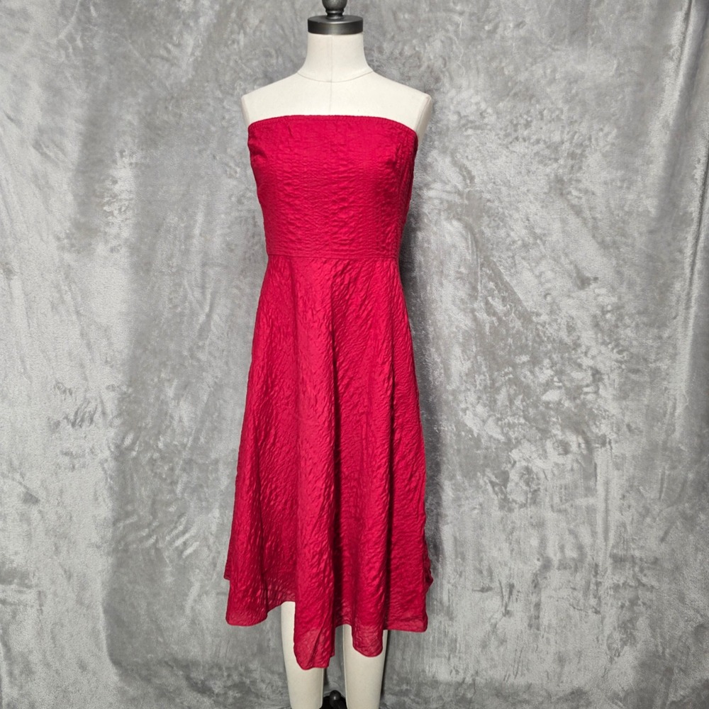 J.Crew Strapless Dress Women 12 Red Textured Cotton Fit Flare Midi Preppy Party
